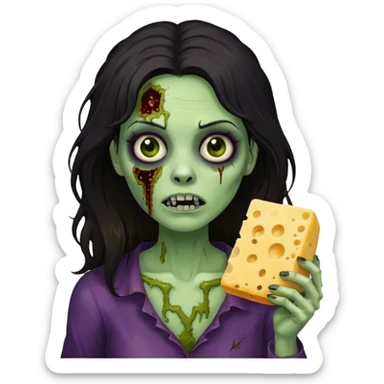 dark haired woman zombie holding moldy cheese piece sticker