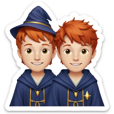 Two identical redheaded teenage boys with mischievous grins, freckles, and wizard robes sticker