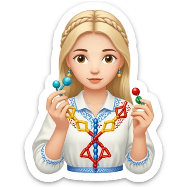 Ukrainian girl in traditional embroidered vyshyvanka shirt holding a DNA molecule in her hand sticker