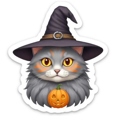 Grey cat with orange eyes with witch hat sticker