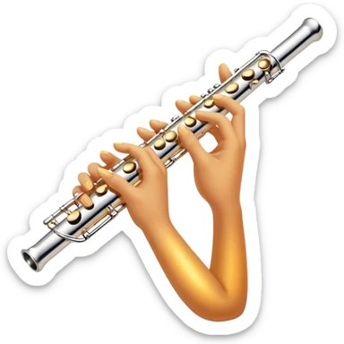 Cinematic Realistic Flute, polished silver metal with precise keywork, warm golden reflections dancing along its surface, soft hands carefully positioned over the keys, glowing with an elegant and airy charm. sticker