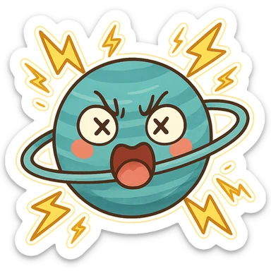 Uranus emoji with a face, blue-green planet, lightning bolts around it, wild and chaotic expression, representing unpredictability and transformation sticker