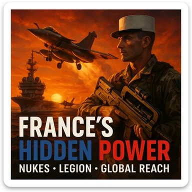 Dramatic dusk scene of a Rafale jet launching from Charles de Gaulle aircraft carrier with an orange sunset glow. In the foreground, a French Foreign Legionnaire in desert camouflage holding a futuristic rifle. Bold tricolor text: 'FRANCE’S HIDDEN POWER'. Subtext: 'Nukes • Legion • Global Reach'. Epic, cinematic composition, ultra high detail, 8K. sticker
