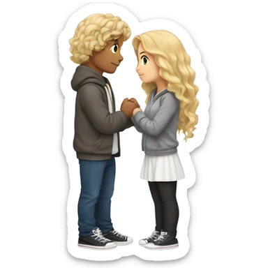 Make a kissing couple, a boy with wavy blonde hair having a middle part, wearing a grey hoodie and a girl with dark brown wavy hair wearing a white top with laces sticker