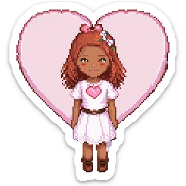 pixel art of a pink heart with a girl with red hair, brown eyes, brown skin standing in front of the heart sticker