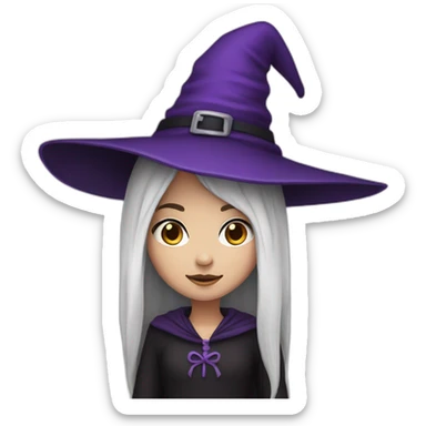 a young white brown thin girl with straight black hair dressed as a witch with purple hat sticker