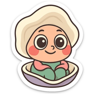 Add large doe eyes to the cute oyster, keep the benevolent and assertive expression, very red cheeks, in pastel toon style with cream, peach, and greige colors, transparent background. sticker