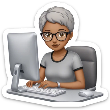 Light skinned Black girl with glasses short natural gray haircut working on computer sticker