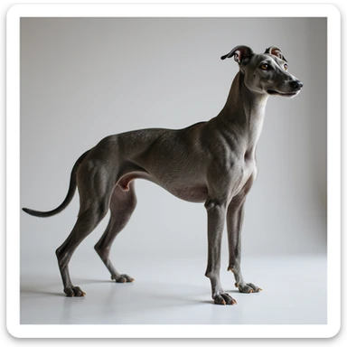 grey greyhound, full body, looking to the side, racing dog, photorealistic style sticker