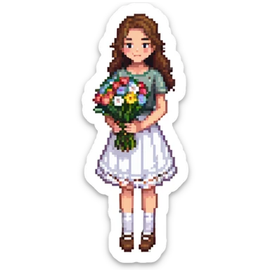 girl with brown hair wearing a white skirt holding a bouquet of flowers sticker
