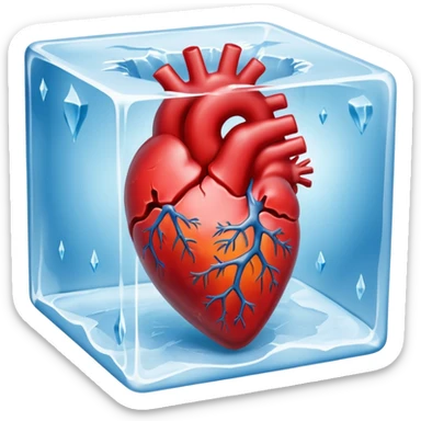 A highly detailed, realistic human heart frozen solid inside a transparent cube of ice, with visible cracks, frost, and cold mist surrounding it, dramatic lighting, dark background sticker