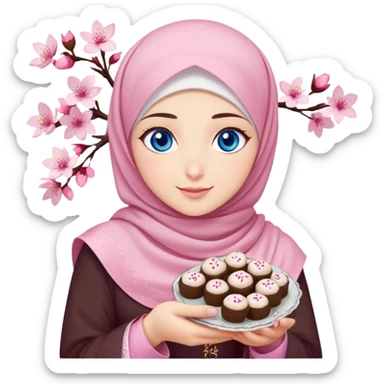 Turkish beautiful finish Konya girl blue eyes with cherry blossom hijab islamic dress and had on her hand text Eid Mubarak with sweets and celebrating with her friends eid days   sticker