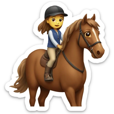 a brown horse with a little girl riding it with brown hair sticker