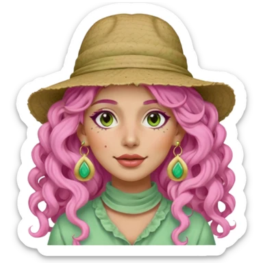 pink haired very long curly haired woman with full full face light green clay mask  and big earrings and hat with full face clay mask sticker