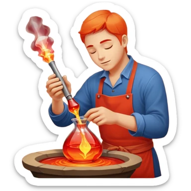 Glassblowing and casting icon, artisan shaping molten glass with a blowpipe, glass being poured into a mold, glowing red-hot glass, delicate patterns, minimalistic style, clean lines, transparent background. sticker