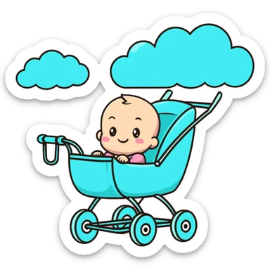 happy baby sitting in pink and beige stroller with pastel blue clouds decoration sticker