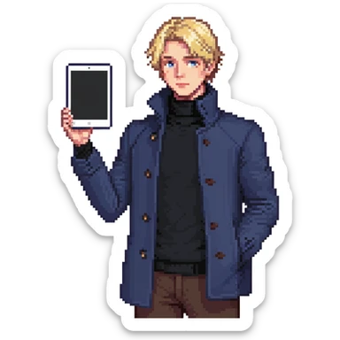 Flat pixel art, bold and charismatic male leader, Caucasian, short neat blonde hair, sharp eyes, indigo coat over black turtleneck, one arm raised pointing out, holding tablet, waist-up, front-facing sticker