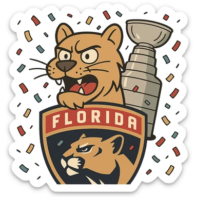 cartoon Florida Panthers logo with Stanley Cup confetti sticker