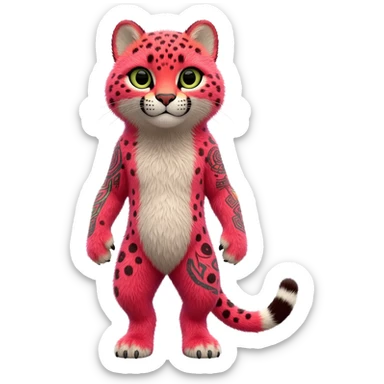 Hyper-Realistic furry flurry fuzzy detailed Colorful cute adorable tropical exotic fruity kiwi-green lemony rosy neon-red Caracal-Cheetah-Civet-Trico-fusion-hybrid-animal-creature, full body, with tribal tattoos sticker