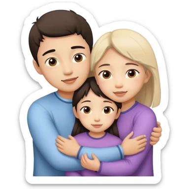 A boy and girl hugging and a little girl (daughter), asian faces sticker