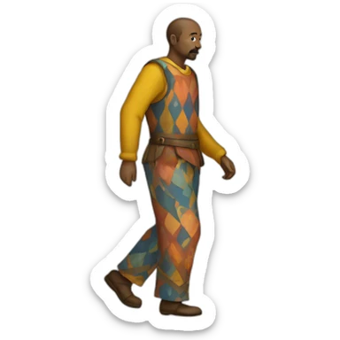 person wearing colorful pattern wide pants, walking, medieval sticker
