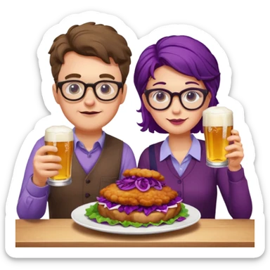 German man with glasses and woman with glasses eating schnitzel, red cabbage, potatoes, and drinking a beer sticker