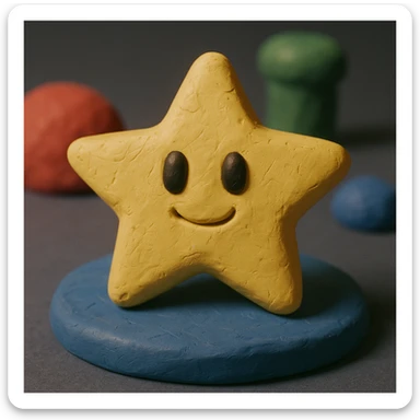 Mario star, matte plasticine texture, visible fingerprints, playful expression sticker