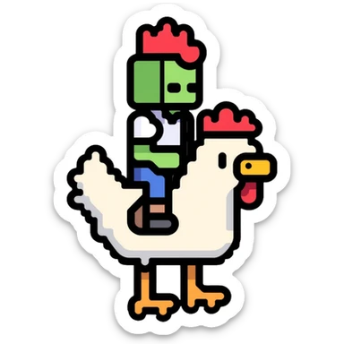 Minecraft chicken jockey - a small pixelated baby zombie riding on top of a white chicken, blocky style sticker