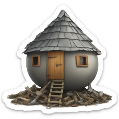 junk heap of a round house with four metal chicken legs underneath  sticker