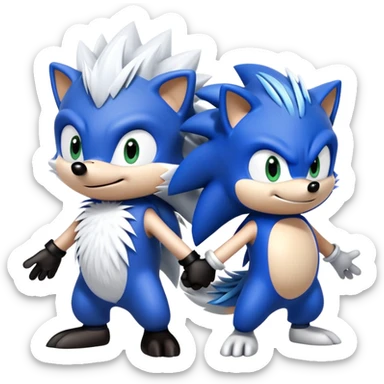 Blue Sonic the hedgehog, black Shadow the hedgehog, and small baby Silver the hedgehog holding hands together in a row sticker