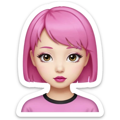 An Asian girl with Fashion pink short hair, big eyes, thick eyebrows, and long eyelashes;  sticker