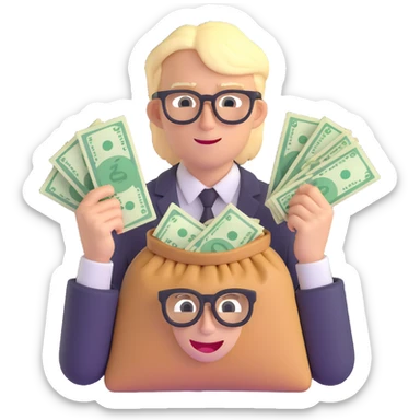 blond male with black glasses, clutching money bags, money symbols in eyes sticker