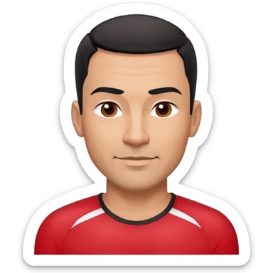 Robust athletic man in his 40s with light brown skin tone, very short black hair with modern fade haircut, strong square face with pronounced cheekbones, thick eyebrows, wide nose, medium lips with friendly smile, wearing red fitted athletic shirt sticker