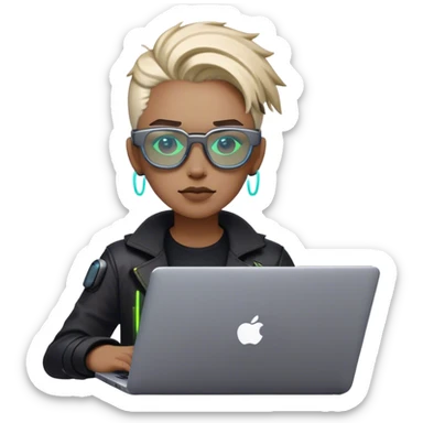An emoji of a person with a laptop, but wearing cyberpunk glasses and with a slight neon glow sticker