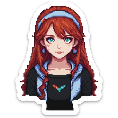 Y2K girl with red hair, pixel art style sticker