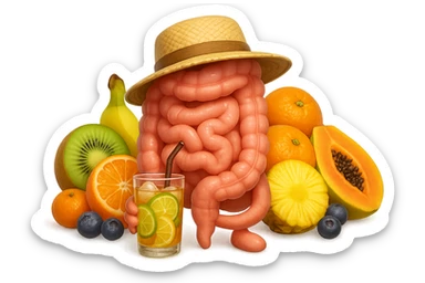 EMOJI STILE IPHONE DI INTESTINO UMANO REALISTICO CON CAPPELLO DI PAGLIA DA SPIAGGIA CHE BEVE UN Tè FREDDO IN BICCHIERE DI VETRO CON DENTRO  fette di cetriolo, limone, lime, DIETRO L'INTESTINO C'è UNA MONTAGNA DI PEZZI DI FRUTTA: Kiwi
Banana acerba
Arance e mandarini
Mirtilli
Ananas
Papaya
IPERREALISTICO 4K sticker