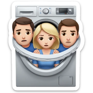 Eine Frau mit dem Kopf  in der Waschmaschine feststeckt und zwei Männer die hinten an ihr ziehen um ihr zu helfen  sticker