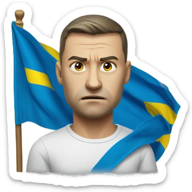 super-realistic angry Ukrainian with ukranian flag sticker