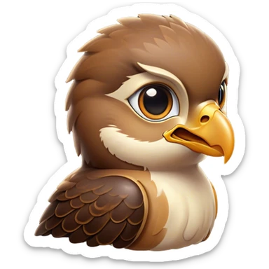 Cinematic Cute Hawk Portrait Emoji, Head tilted playfully and inquisitively, featuring a compact, streamlined form with a delicately curved beak and round, sparkling eyes full of curious charm, Simplified yet irresistibly adorable features, highly detailed, glowing with a warm, inviting glow, high shine, affectionate and lively, stylized with a touch of whimsical aerial grace, soft glowing outline, capturing the essence of a mischievous yet endearing hawk that seems as if it could swoop out of the screen into your heart! sticker
