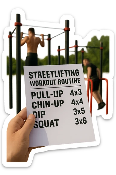 a close-up of a hand holding a printed streetlifting workout routine, with the exercises and sets written in bold text. In the background, an outdoor gym with pull-up bars, dip stations, and athletes wearing weighted belts. The lighting is natural, and the mood is motivational. sticker