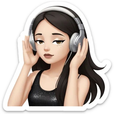 Girl with long dark hair, fair skin tone, wearing a black tank top, has glitter on her eyelids, and taupe lipstick, wearing white headphones, her hands are on her ears, and her eyes are slightly close sticker