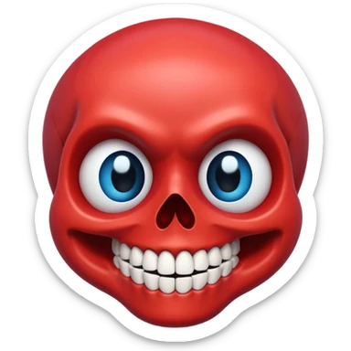 “A bright red cartoon skull with a smooth shiny surface, large round blue eyes with white outlines, a wide exaggerated smile showing big detailed teeth, simple black nose cavity, clean symmetrical face shape, centered on a plain light background, HD, sharp, vibrant, no distortion.” sticker