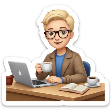A cheerful student with glasses, holding a steaming cup of coffee, sitting at a desk with books and a laptop, surrounded by a cozy study vibe, warm lighting, and a relaxed expression. sticker