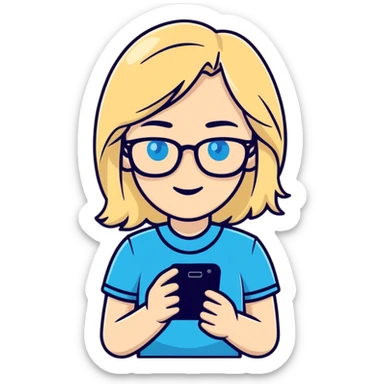 ￼ a white woman with blonde hair, blue eyes and glasses holding a phone sticker