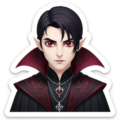 Cinematic Realistic WoW Vampire Mage Portrait, depicted with dark and mysterious elegance, wearing a flowing black robe intricately adorned with arcane silver filigree and esoteric runes. His pallid, almost ethereal skin contrasts with deep crimson, mesmerizing eyes, while his dark, slick hair falls in sleek strands. Rendered with lifelike texture and moody, dramatic lighting, high shine, noble and formidable, capturing the essence of a legendary vampire mage of Azeroth. sticker