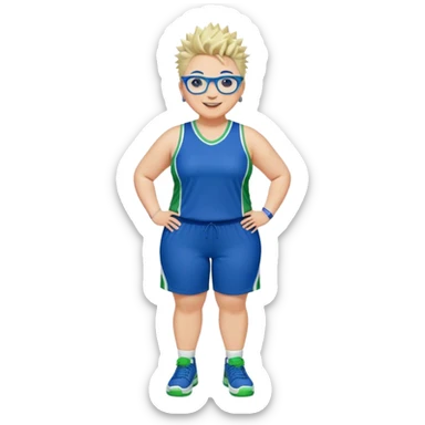 Full Body plus size white female with short spike hair wearing blue glasses basketball player wearing blue green uniform smiling sticker