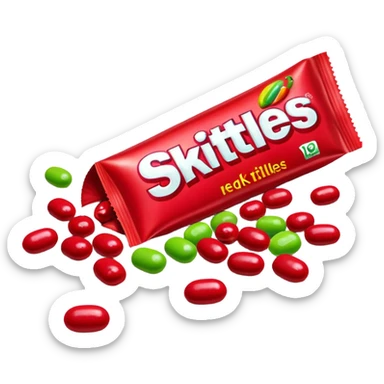 Red Skittles package with logo, the original red Skittles pack design, with only green Skittles candies spilling out sticker