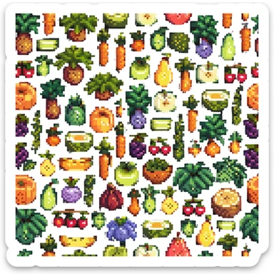 vibrant colored pixel art of organic fruits and vegetables sticker
