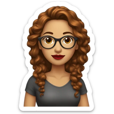 Mujer cabello castaño largo, piel pálida con lentes, labios rojos sticker
