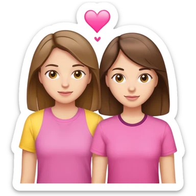 Two best friends one light brunette and the other brunette’s with highlights. Both are white. The first one is wearing a yellow shirt and the other a pink  sticker